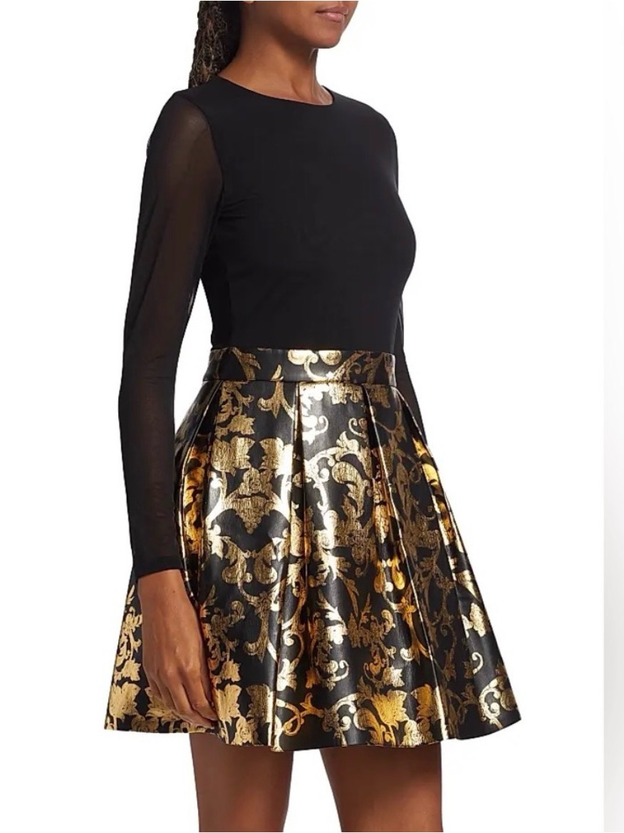 Alice + Olivia Black And Gold A-Line Brocade Skirt